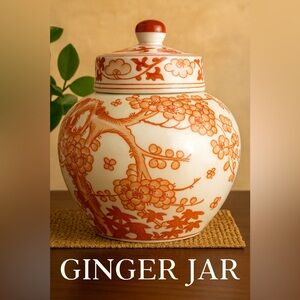 Vintage Chinese Ginger Jar with Lid – Red and White Floral Design